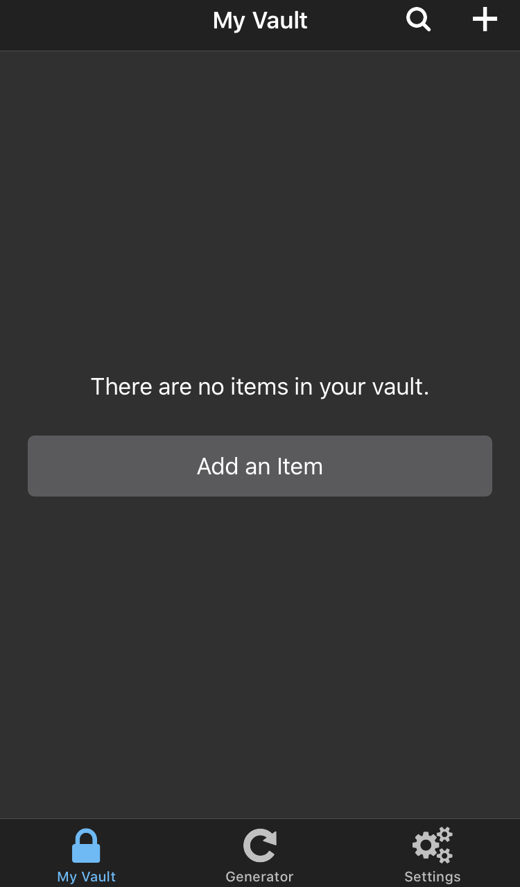 Your Vault the first time you start the application should look something like this. Click on Add an item to add a new entry to your vault.