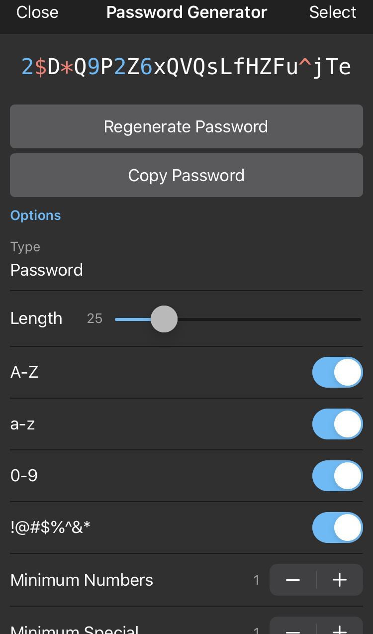 Toggle the types of characters you want your password to contain. I always toggle all four and set the length to 25 characters.